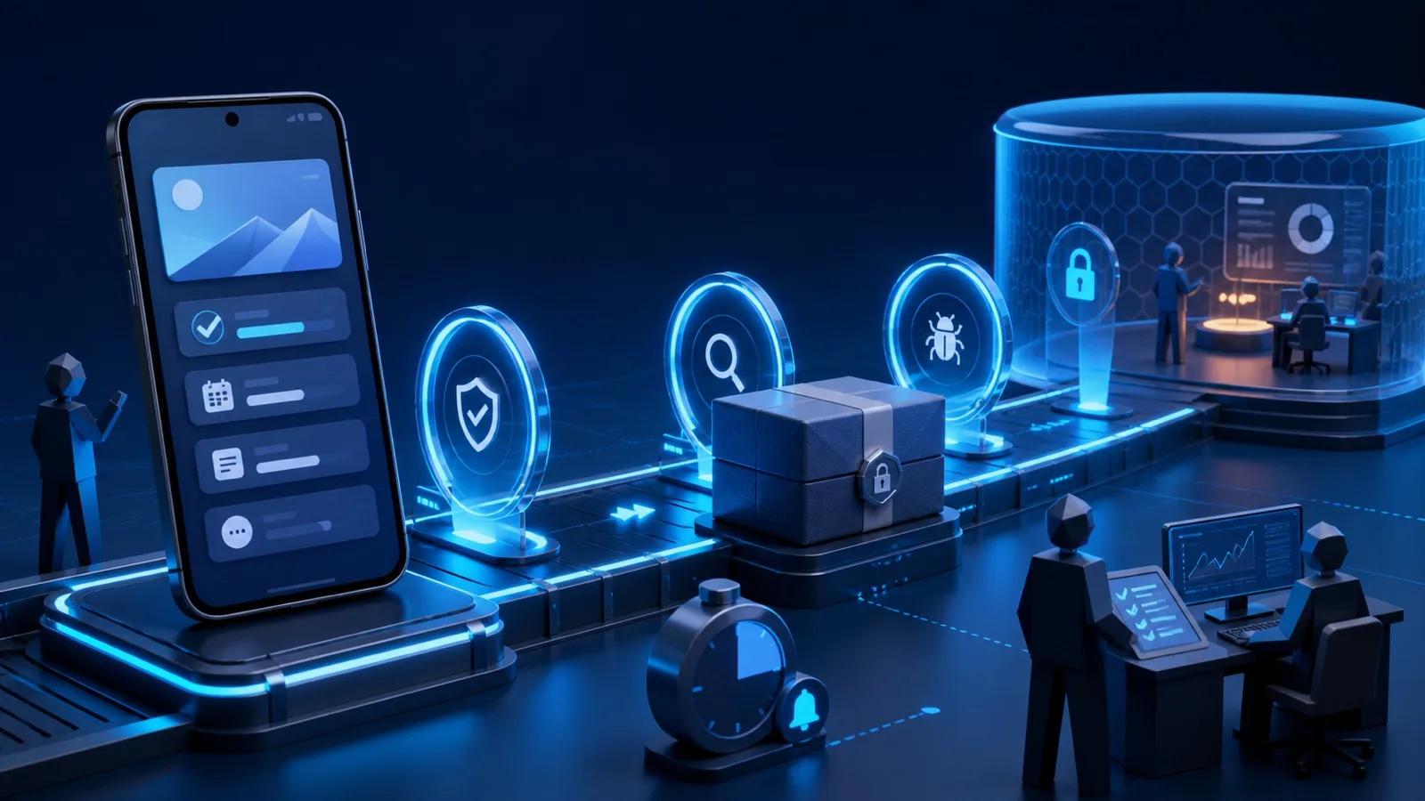 انتقال حزمة Smart Employee Android عبر نقاط فحص الأمان والجودة والاختبار المغلق قبل الإصدار العام