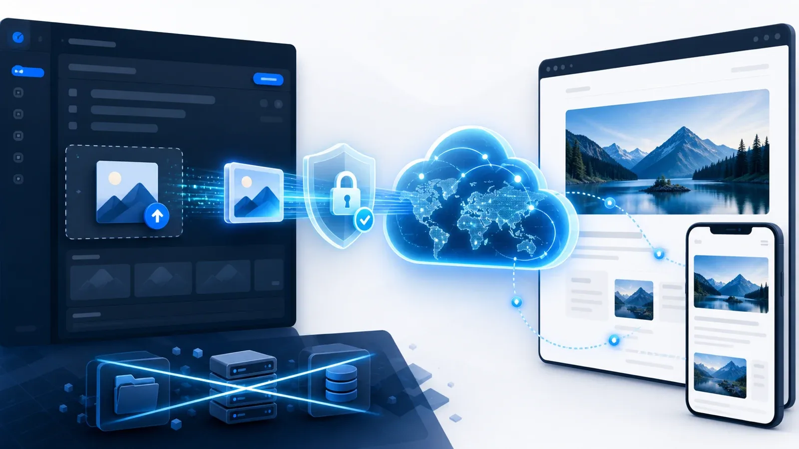 حرکت تصویر از پنل Admin Blog، عبور از اعتبارسنجی امن و رسیدن به CDN و نمایش در دسکتاپ و موبایل